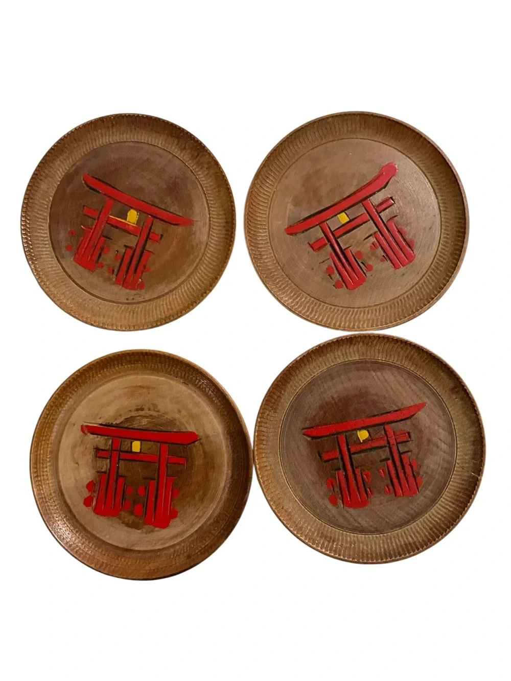 Vintage Japanese Wood Coaster Set w/ Box Hand Carved Painted Mid Century Japan